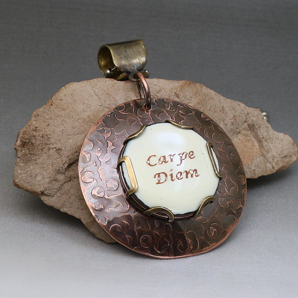 Carpe Diem enameled copper pendant
